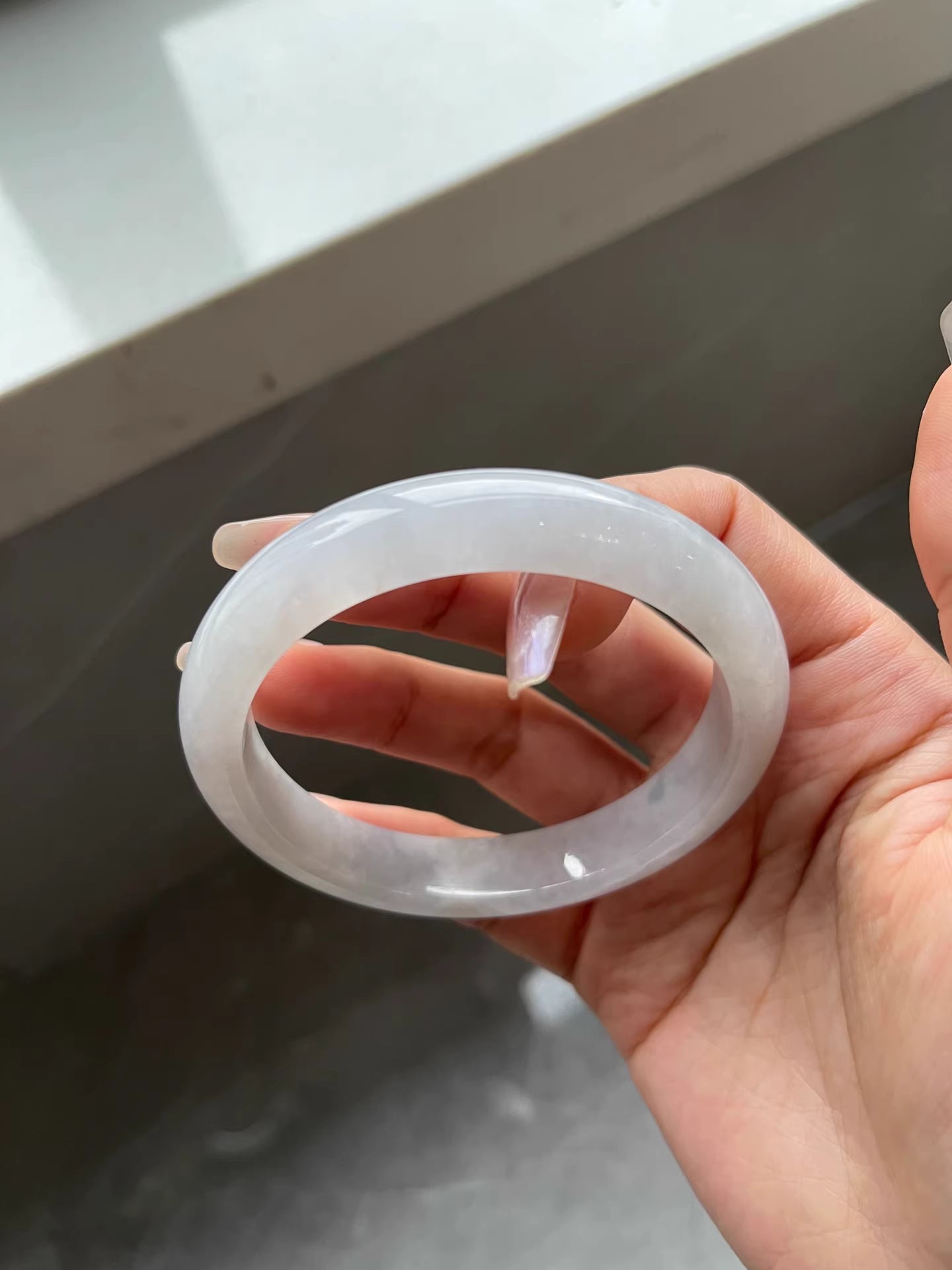 The "Moonlit Frost" Icy-Luster White Jadeite Flat Bangle (59.7mm)