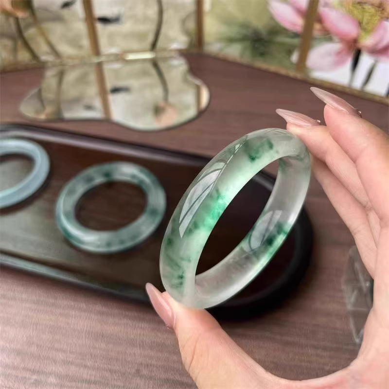 The "Wild Moss &amp; Mist" Icy Flower-Float African Jade Bangle (58mm)
