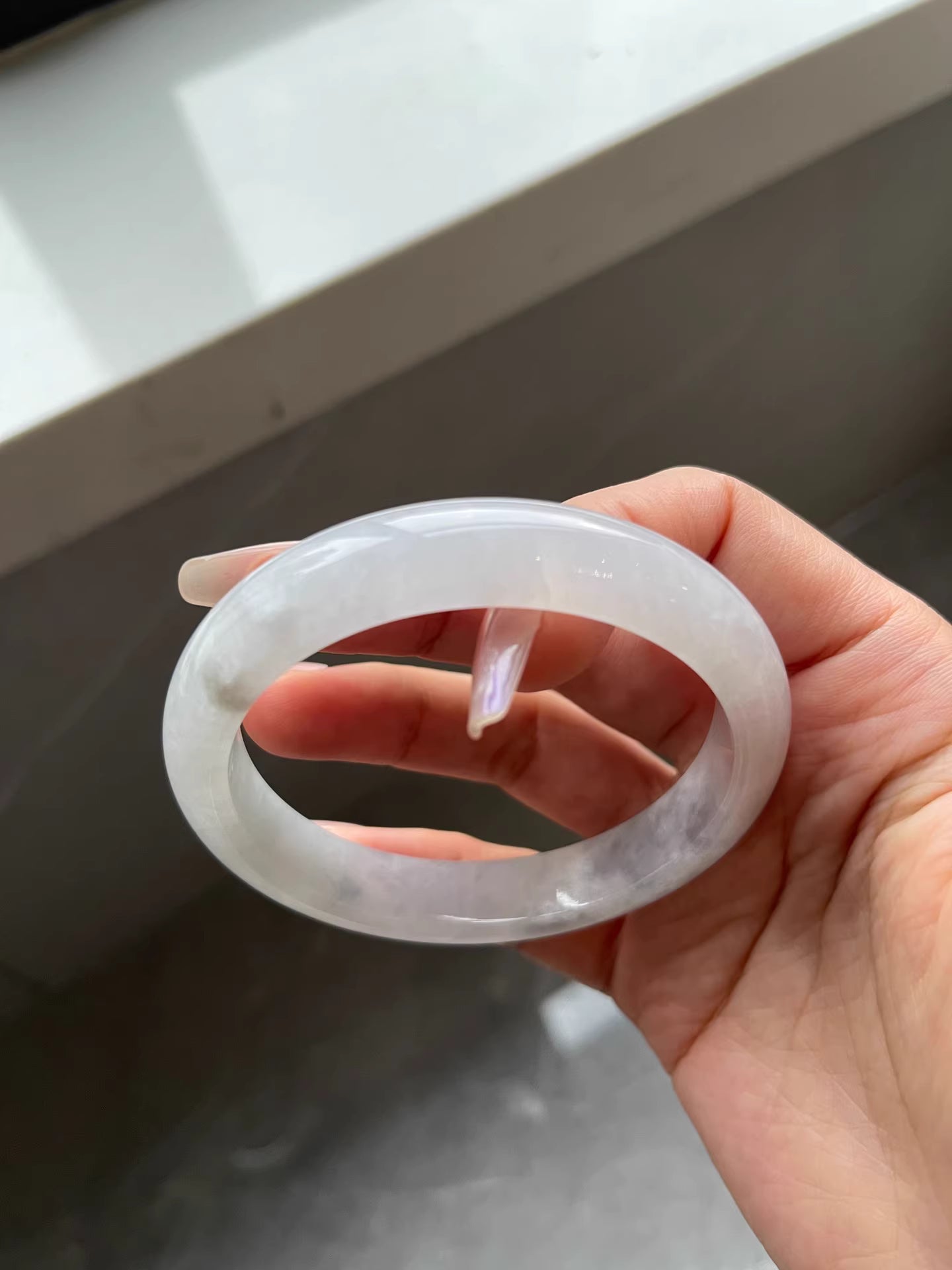 The "Moonlit Frost" Icy-Luster White Jadeite Flat Bangle (59.7mm)