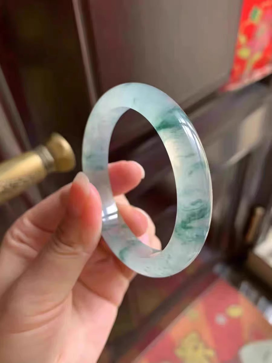 The "Wild Moss &amp; Mist" Icy Flower-Float African Jade Bangle (58mm)