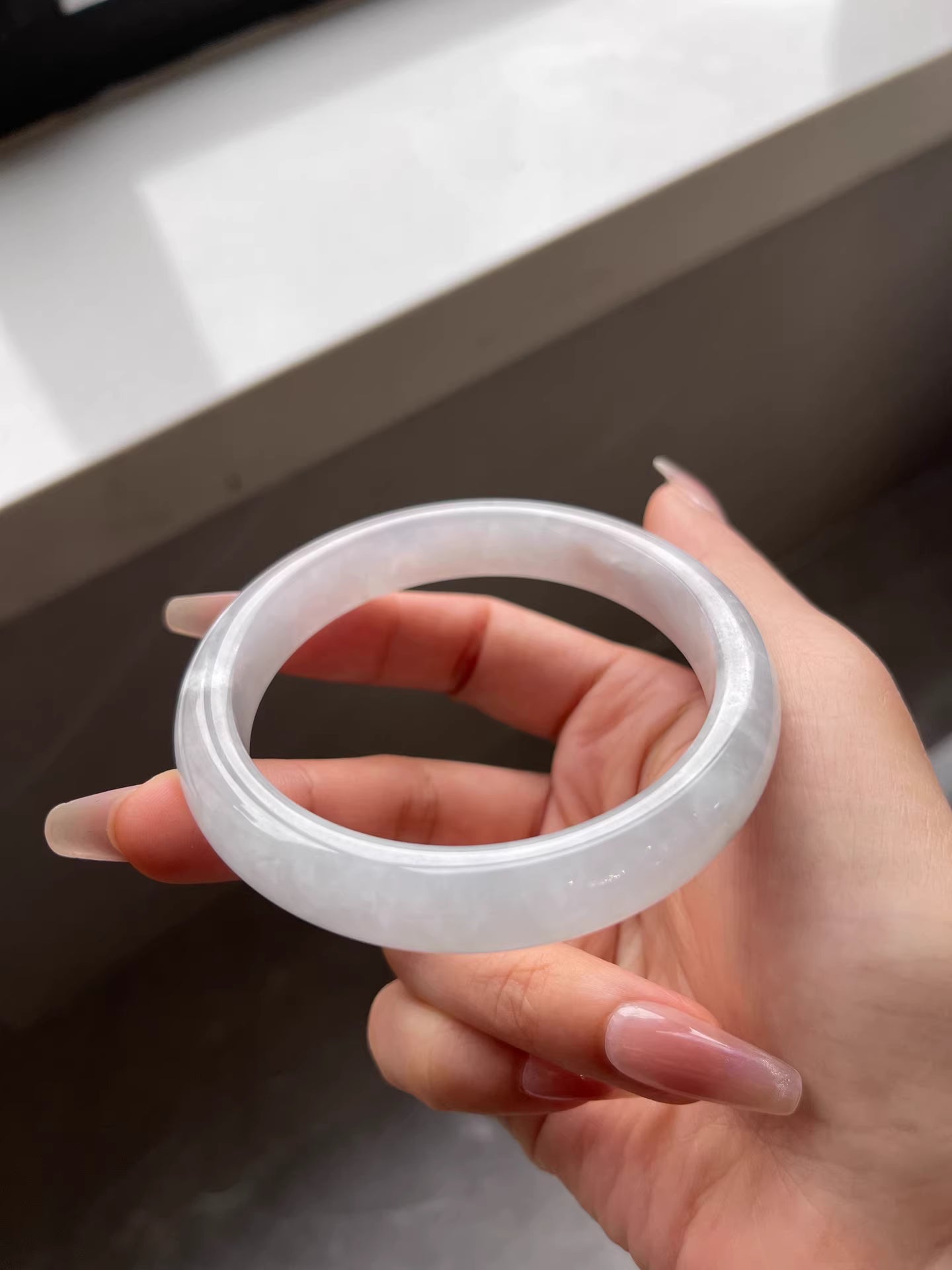 The "Moonlit Frost" Icy-Luster White Jadeite Flat Bangle (59.7mm)