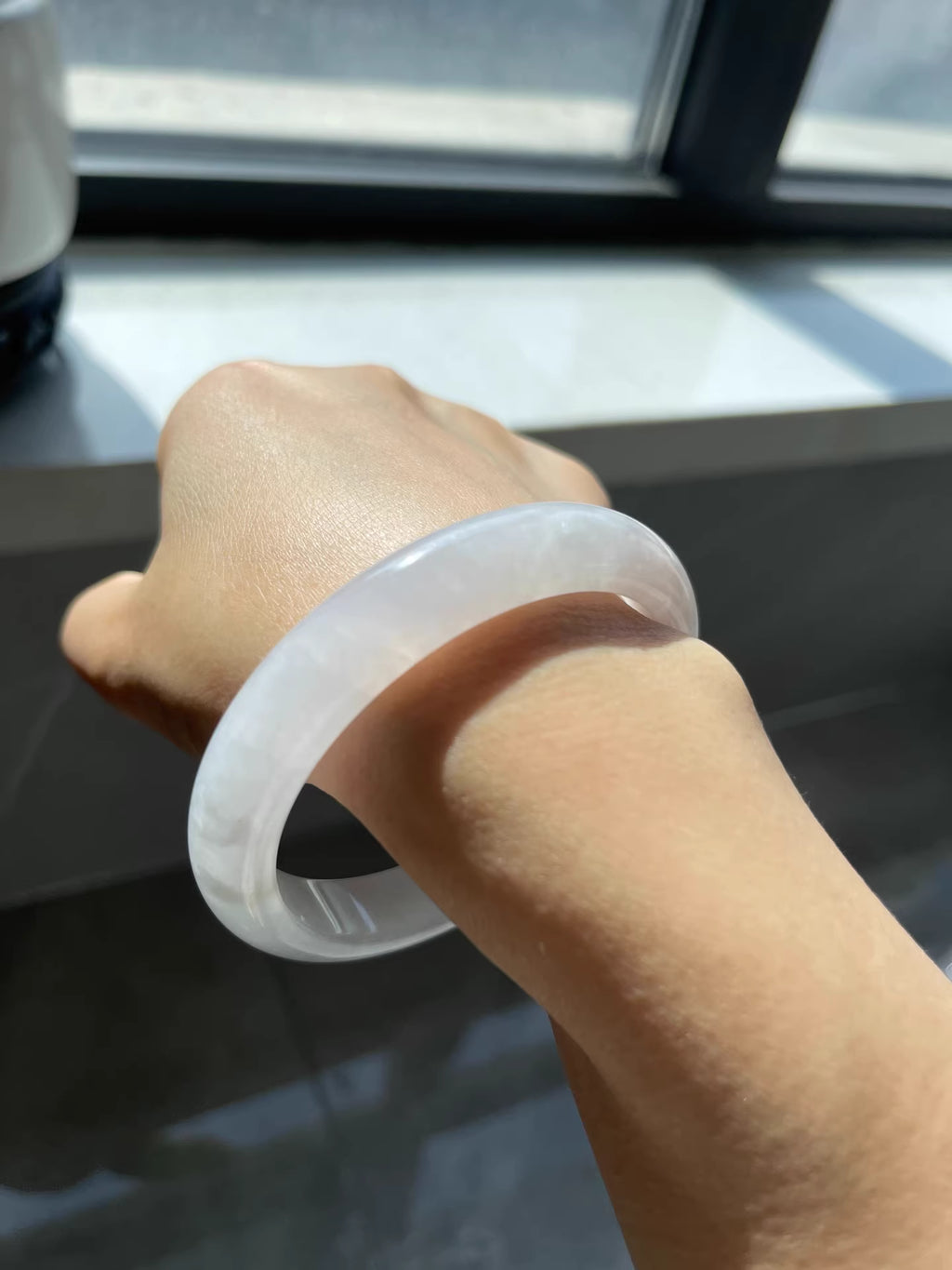 The "Moonlit Frost" Icy-Luster White Jadeite Flat Bangle (59.7mm)