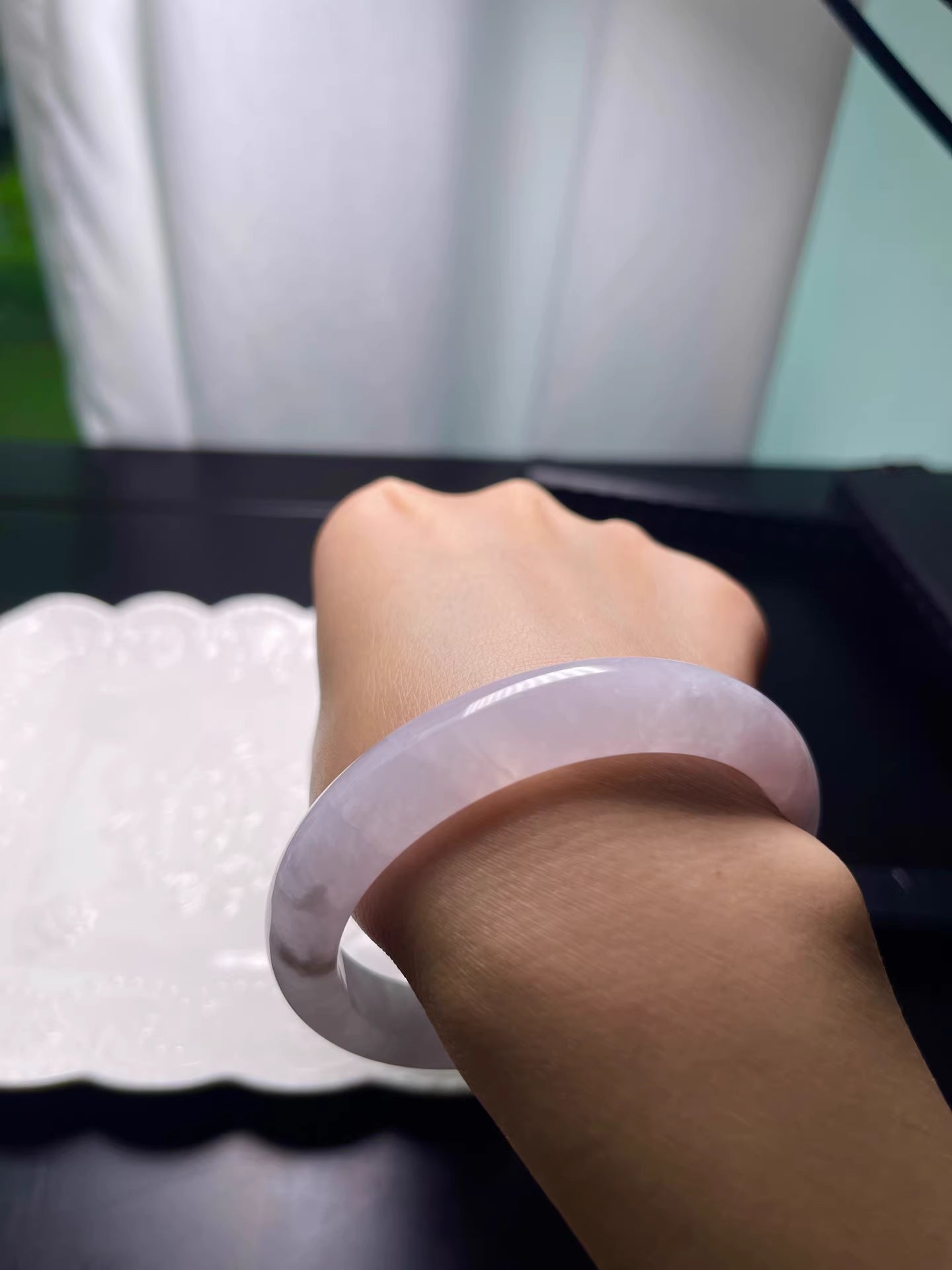 The "Moonlit Frost" Icy-Luster White Jadeite Flat Bangle (59.7mm)