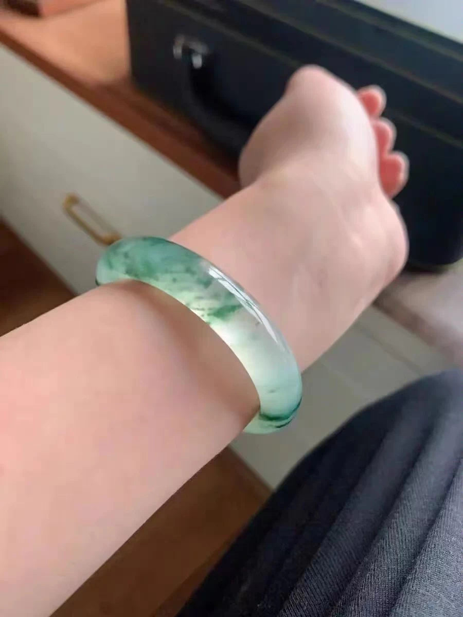 The "Wild Moss &amp; Mist" Icy Flower-Float African Jade Bangle (58mm)