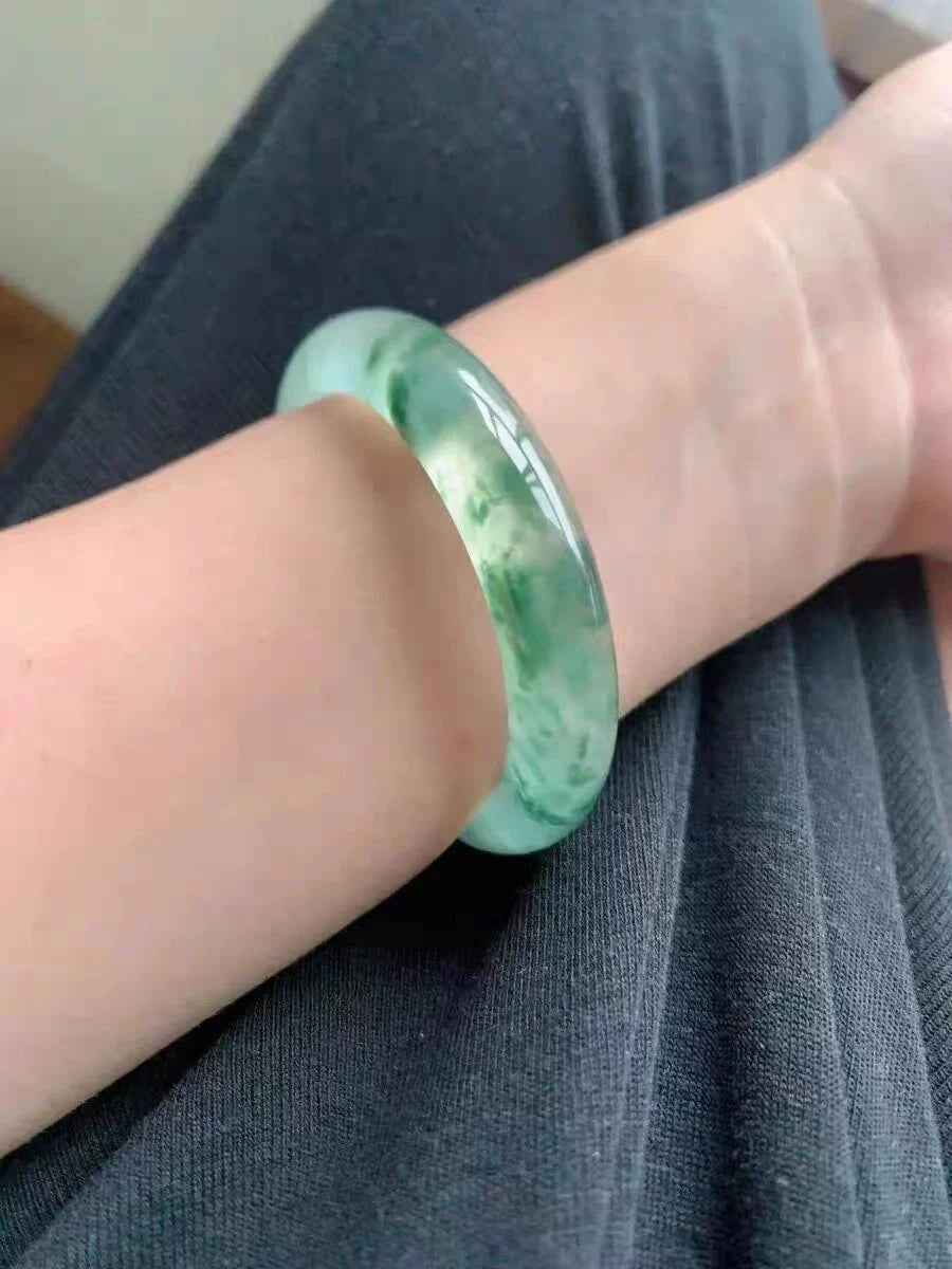 The "Wild Moss &amp; Mist" Icy Flower-Float African Jade Bangle (58mm)