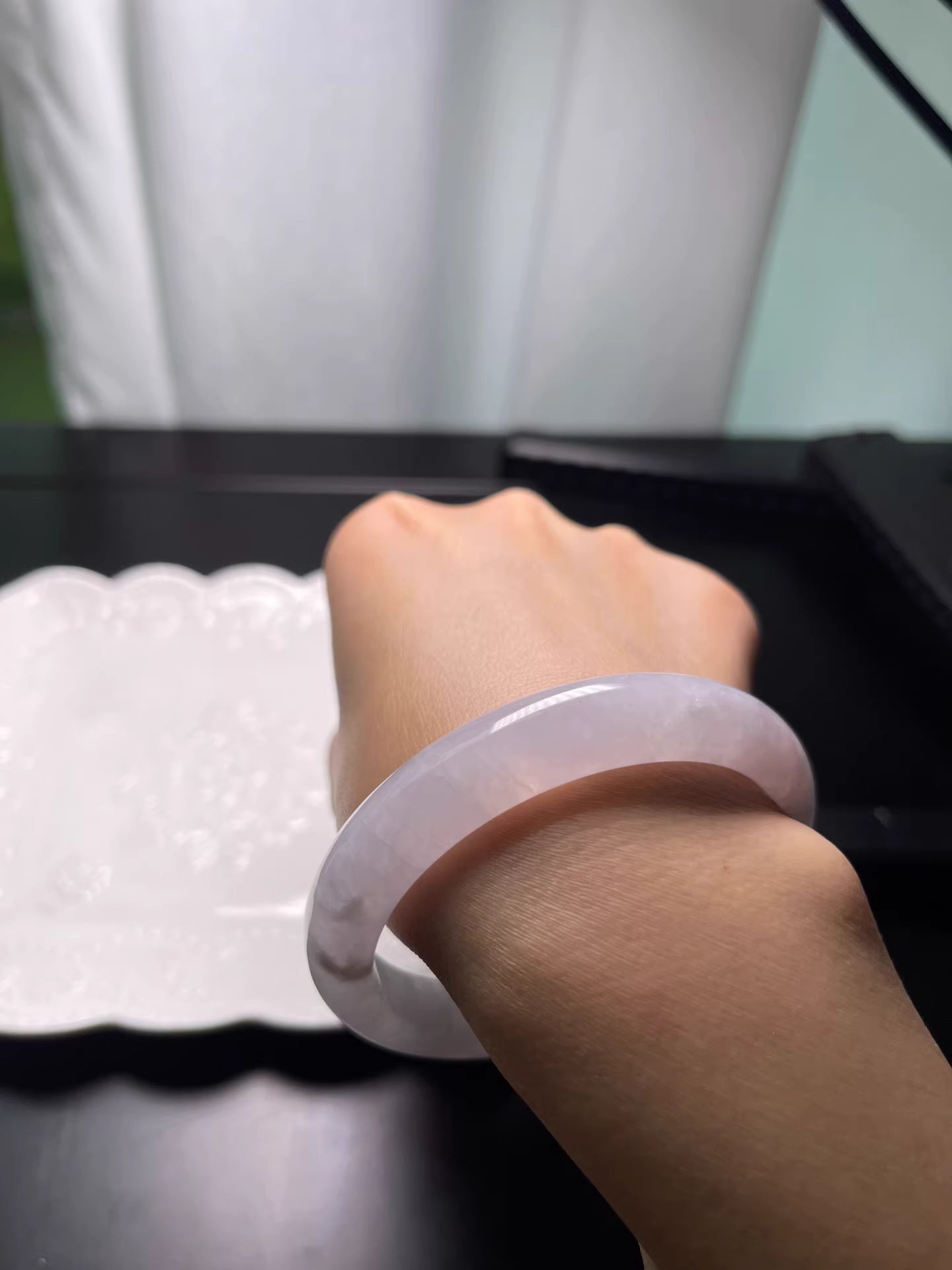 The "Moonlit Frost" Icy-Luster White Jadeite Flat Bangle (59.7mm)